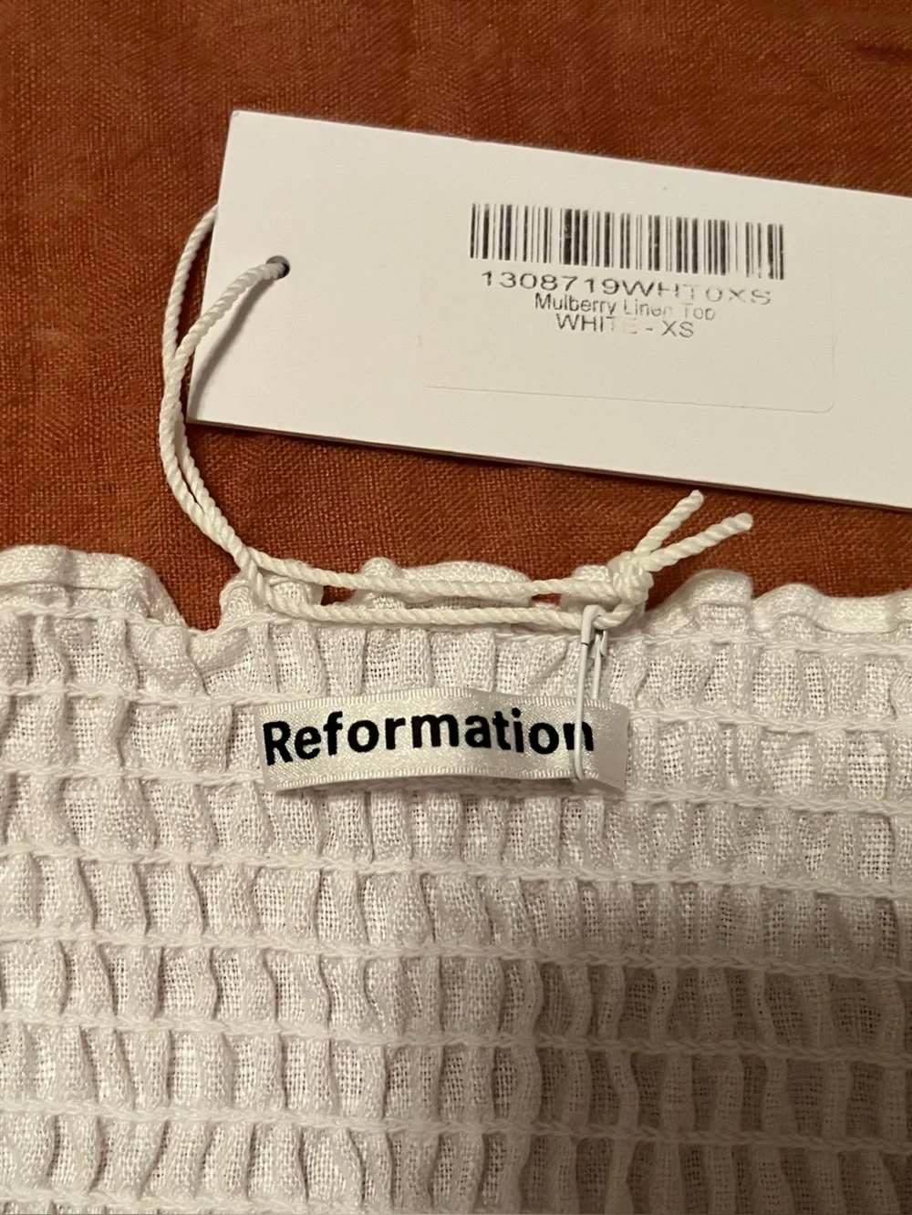 Reformation White Smocked Crop Top with Puff Detail